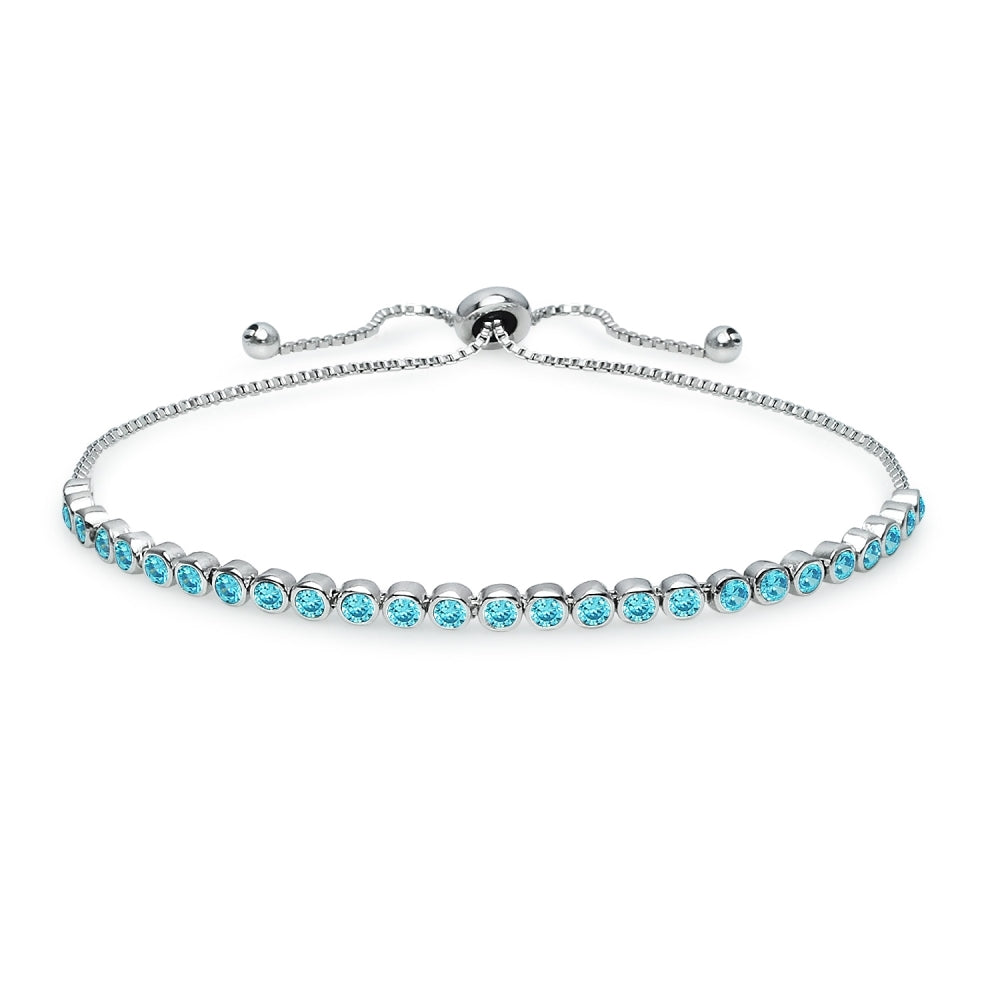 Sterling Silver Aqua Cubic Zirconia Round Bezel-Set Adjustable Bolo Bracelet