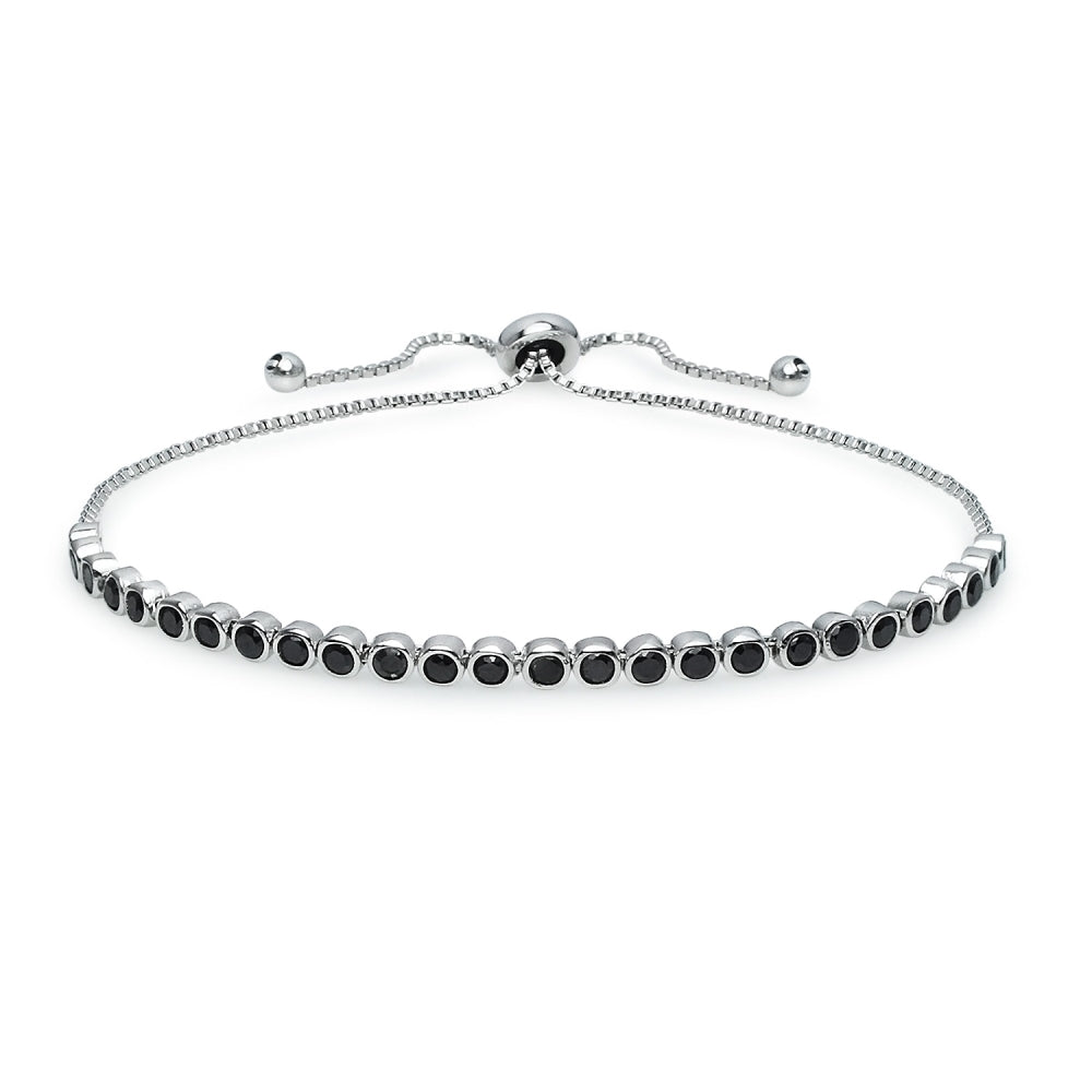 Sterling Silver Black Cubic Zirconia Round Bezel-Set Adjustable Bolo Bracelet
