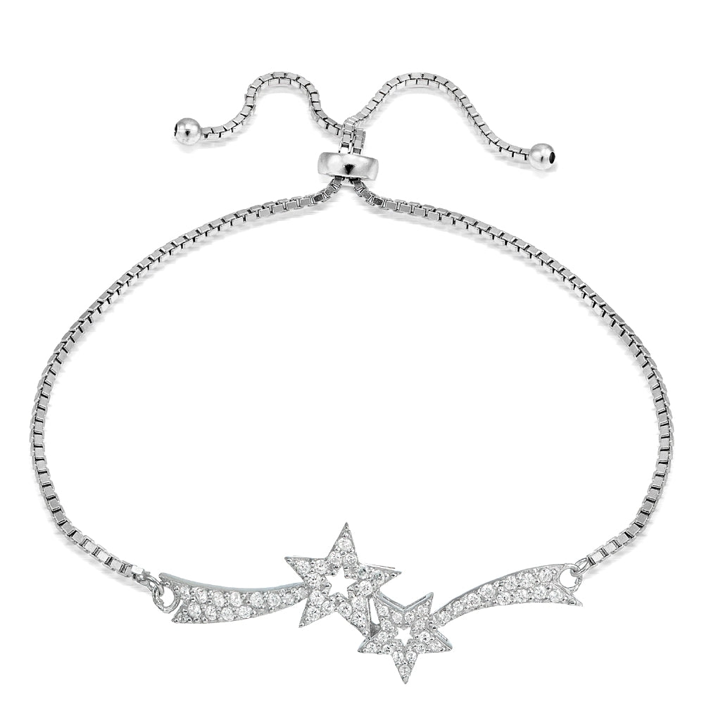 Sterling Silver Cubic Zirconia Two Shooting Star Adjustable Bracelet