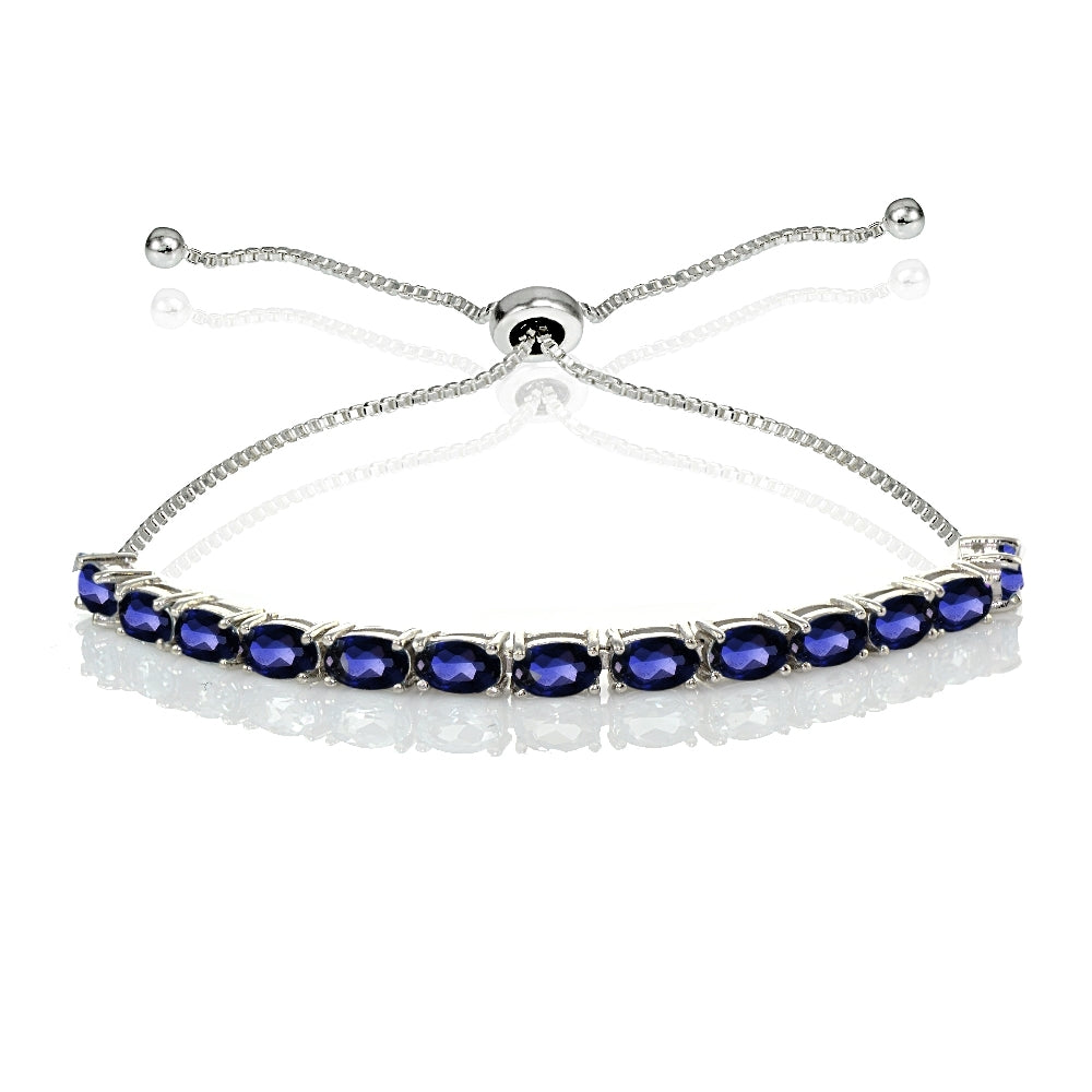 Sterling Silver 5x3mm Created Blue Sapphire Oval-Cut Adjustable Bracelet