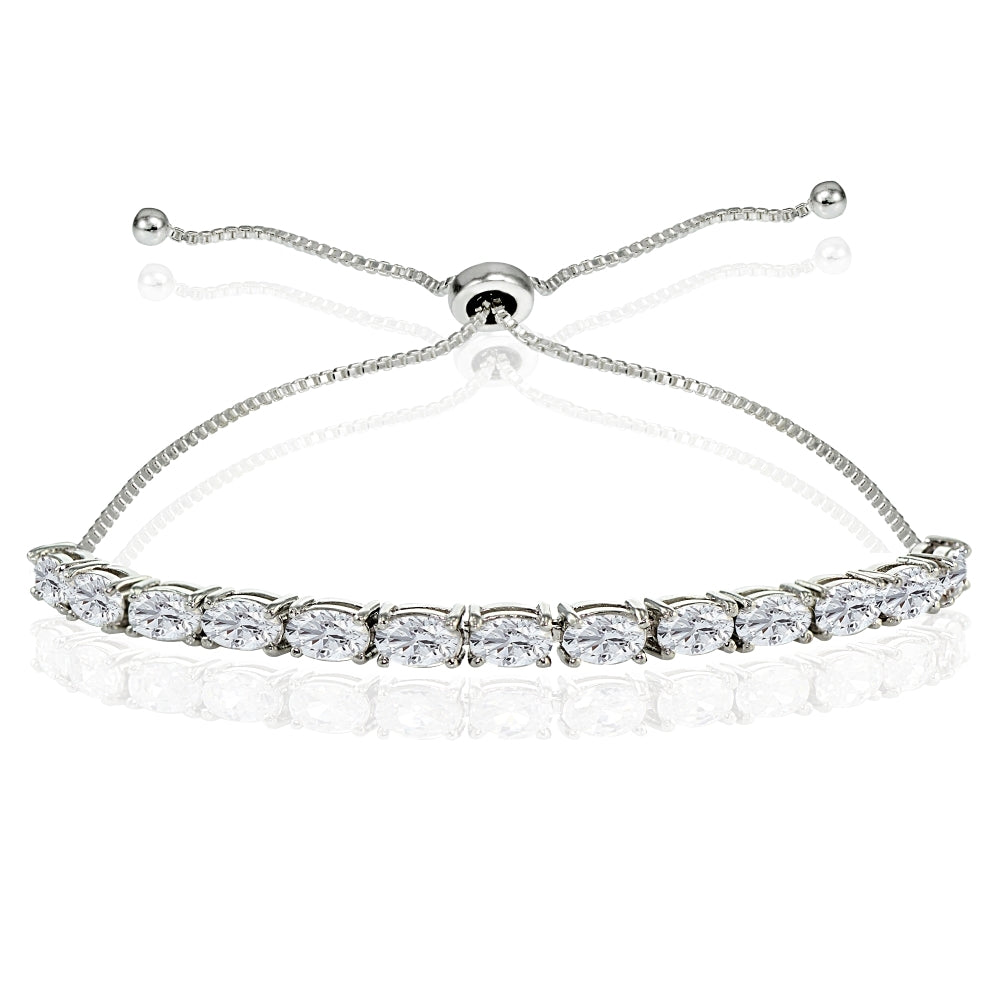 Sterling Silver 5x3mm Created White Sapphire Oval-Cut Adjustable Bracelet
