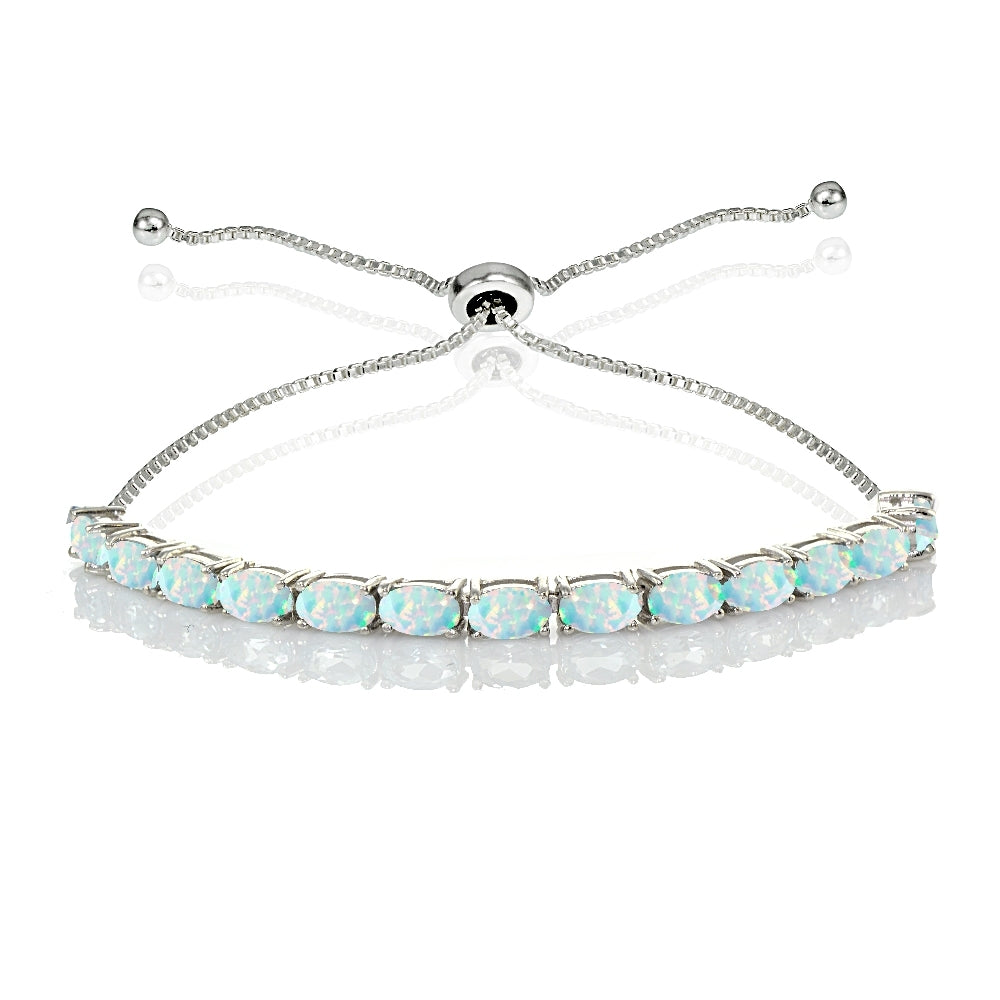 Sterling Silver 5x3mm Created White Opal Oval-Cut Adjustable Bracelet