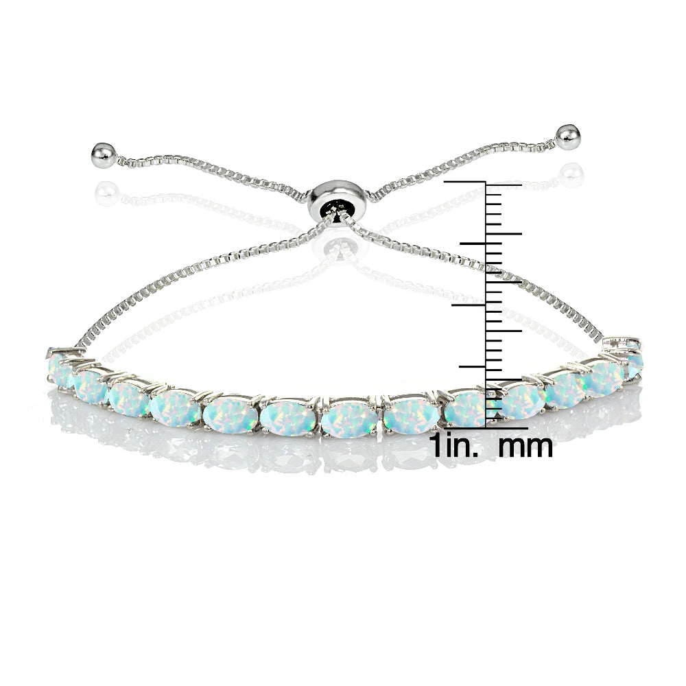Sterling Silver 5x3mm Created White Opal Oval-Cut Adjustable Bracelet-3
