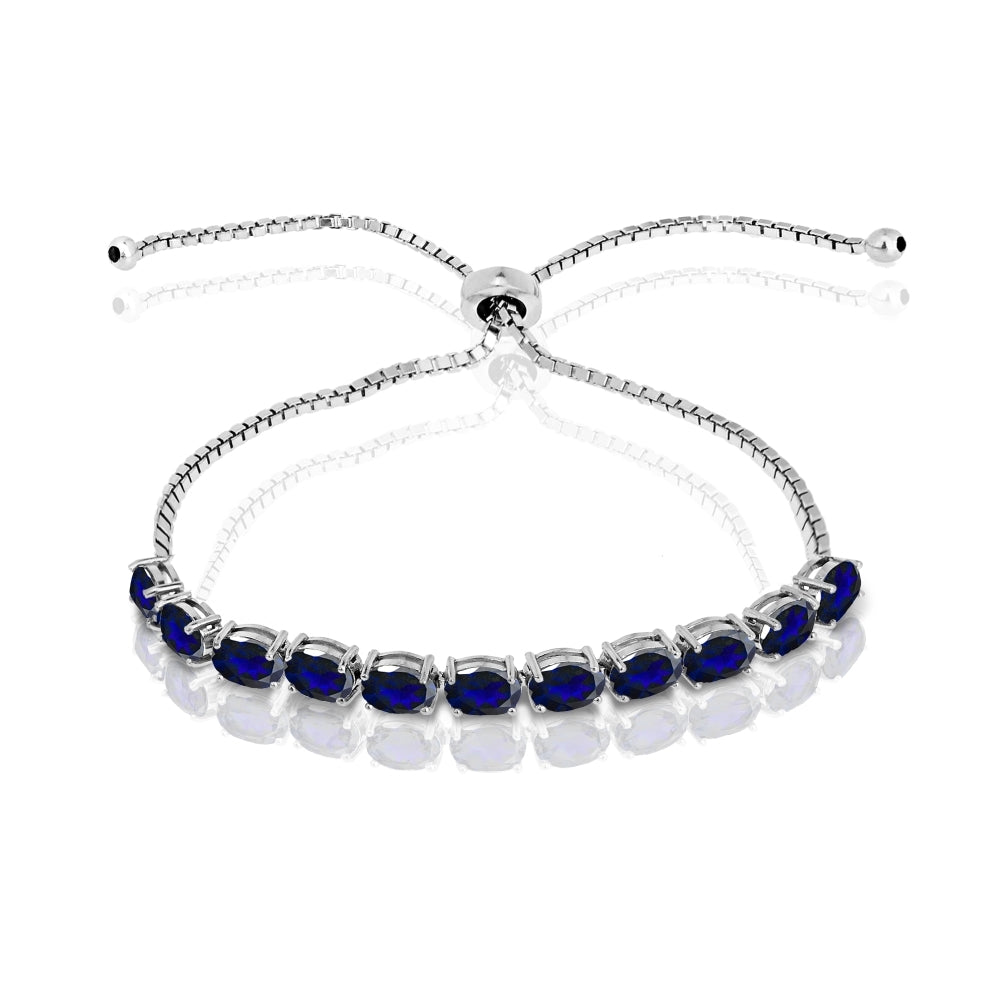 Sterling Silver Created Blue Sapphire 6x4mm Oval-cut Adjustable Tennis Bracelet