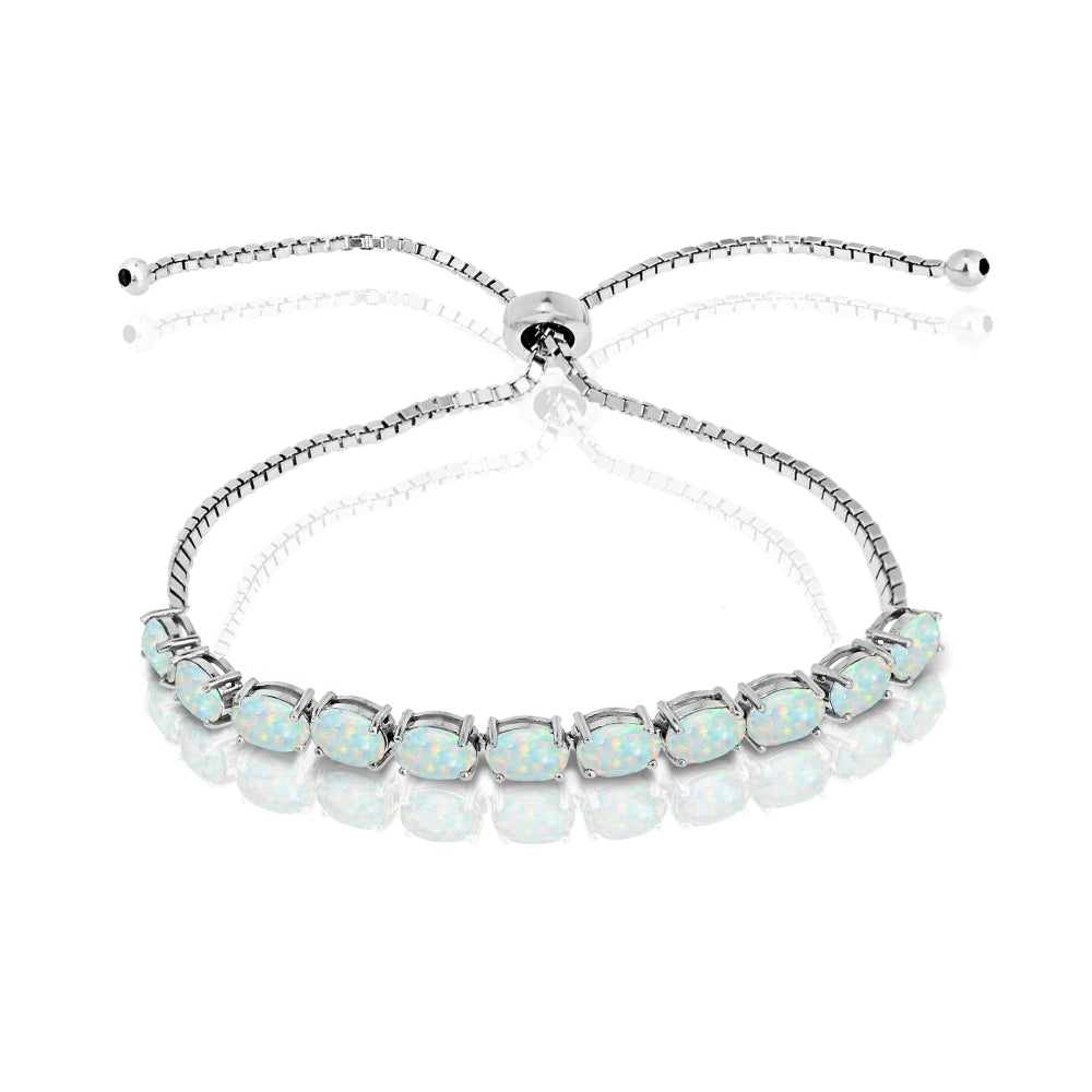 Sterling Silver Created White Opal 6x4mm Oval-cut Adjustable Tennis Bracelet