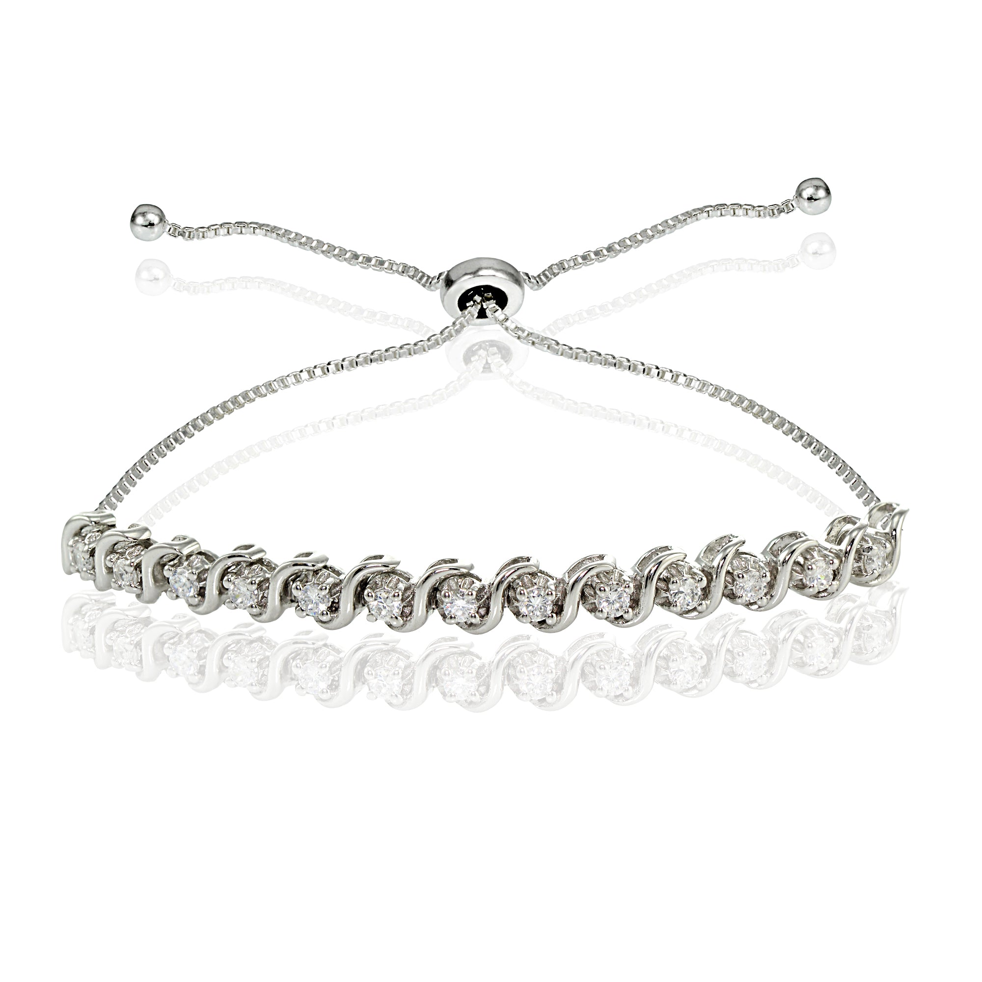 Sterling Silver Cubic Zirconia 2mm Round-cut S Design Adjustable Bracelet