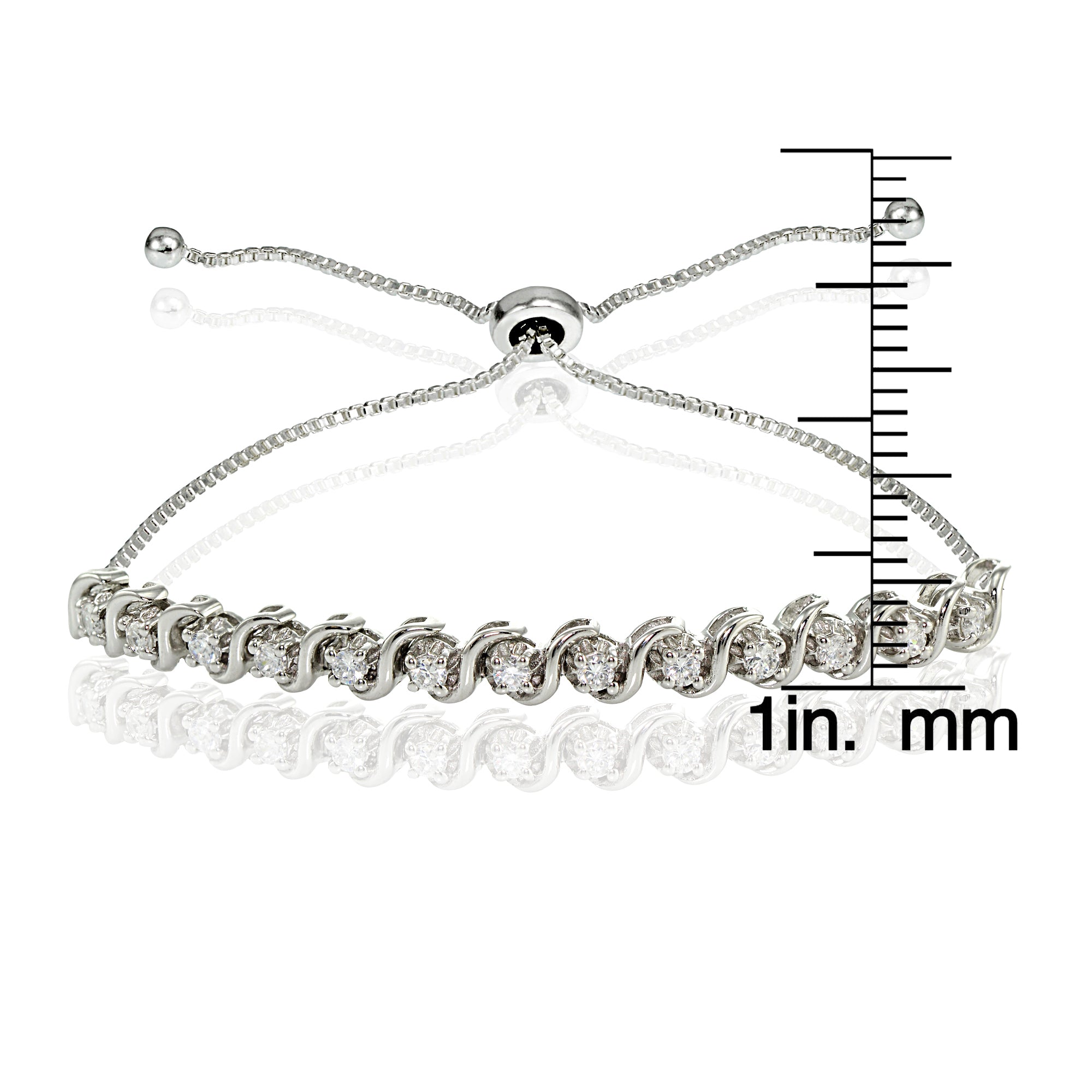 Sterling Silver Cubic Zirconia 2mm Round-cut S Design Adjustable Bracelet-3