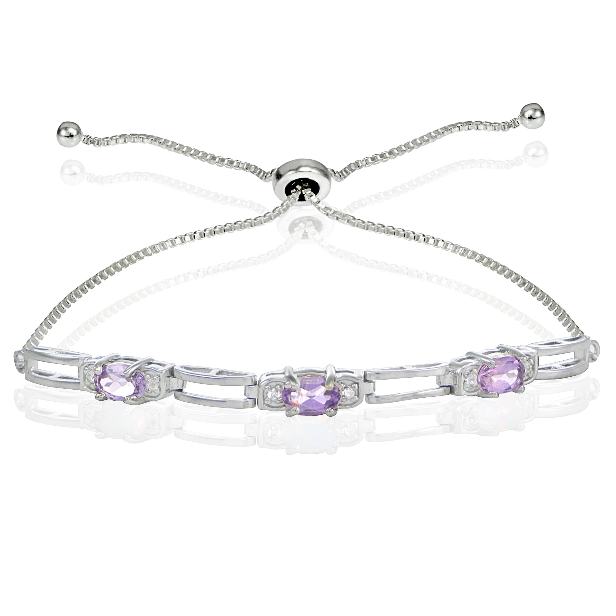 Sterling Silver Amethyst and Cubic Zirconia Link Adjustable Bracelet