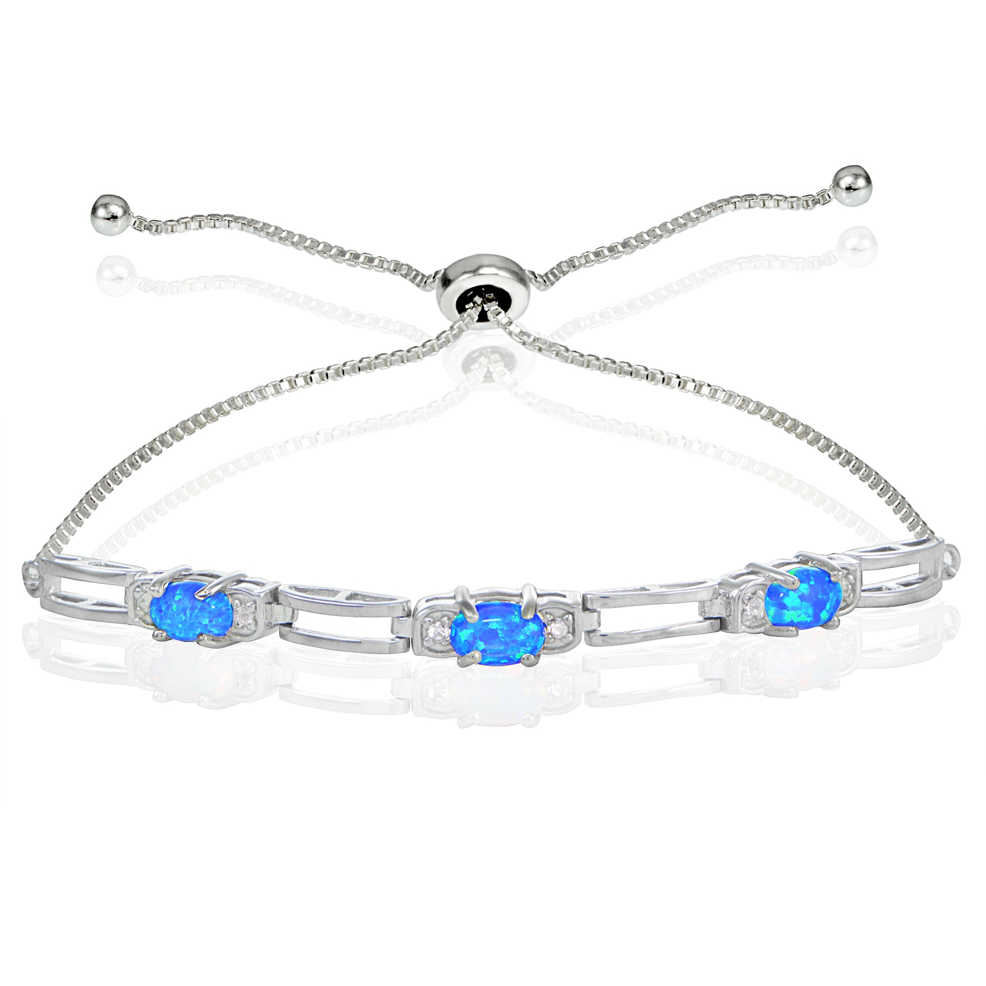 Sterling Silver Created Blue Opal and Cubic Zirconia Link Adjustable Bracelet
