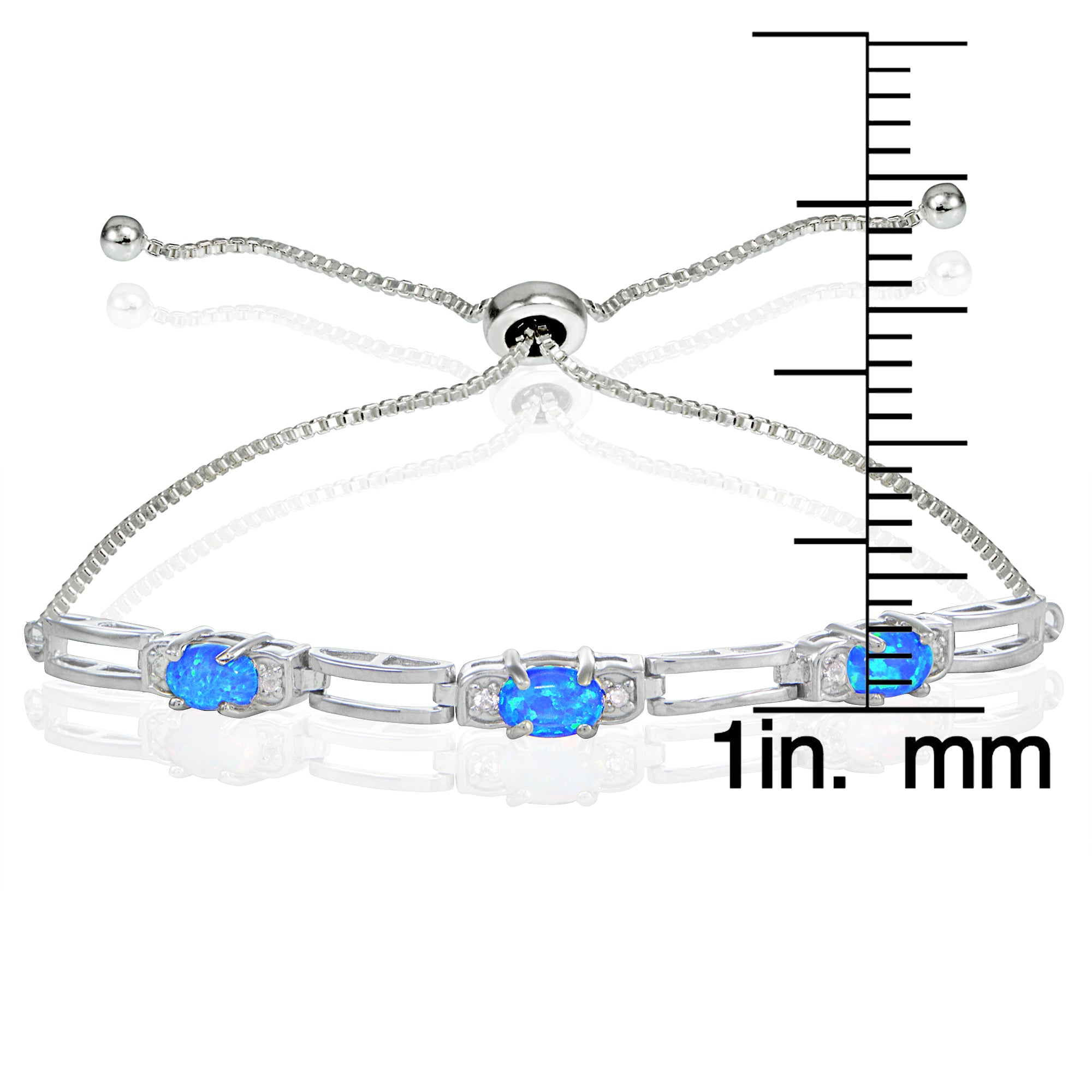 Sterling Silver Created Blue Opal and Cubic Zirconia Link Adjustable Bracelet-3
