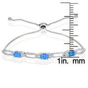Sterling Silver Created Blue Opal and Cubic Zirconia Link Adjustable Bracelet