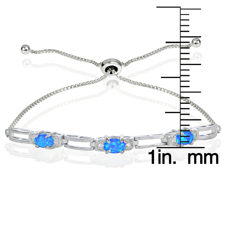 Sterling Silver Created Blue Opal and Cubic Zirconia Link Adjustable Bracelet