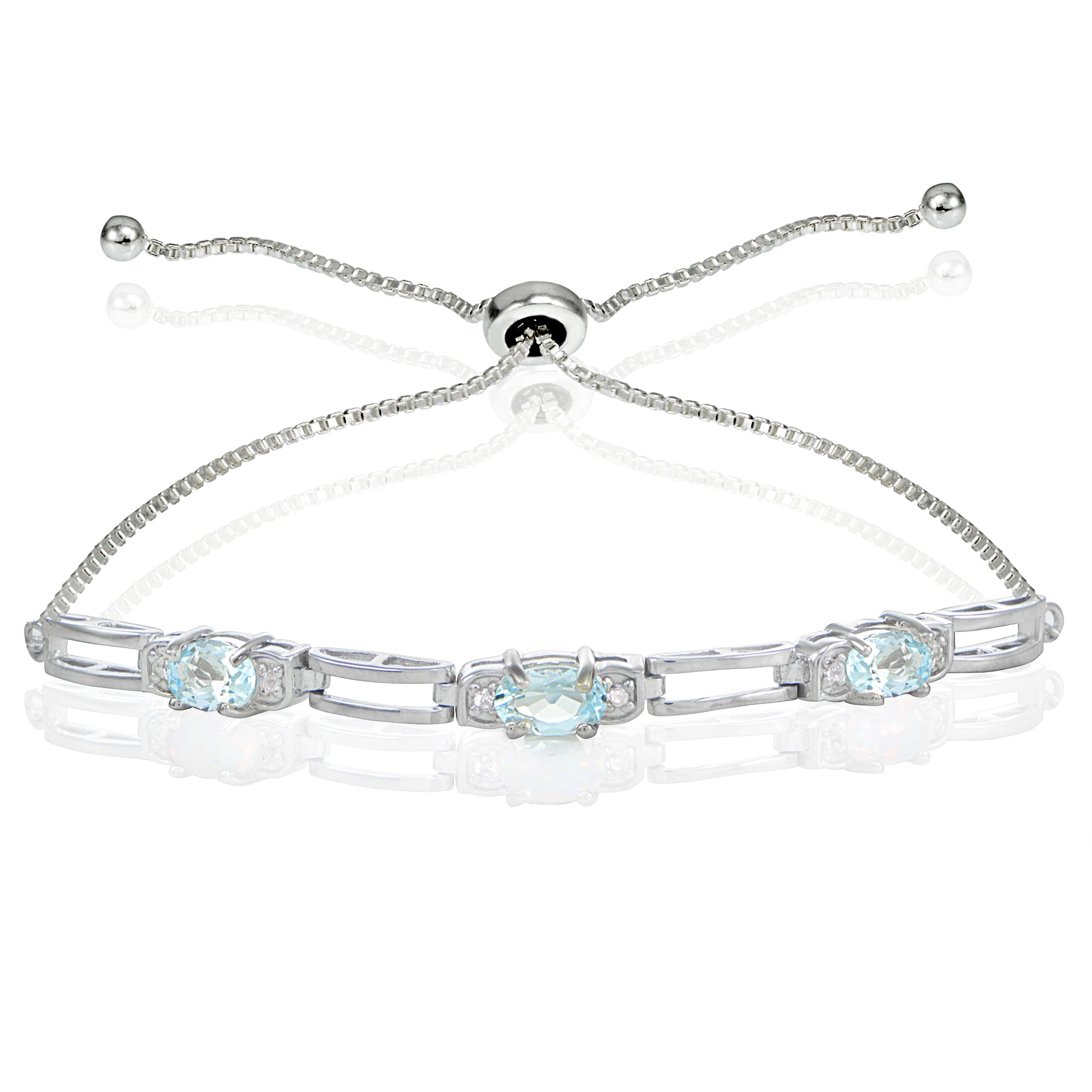 Sterling Silver Blue Topaz and Cubic Zirconia Link Adjustable Bracelet