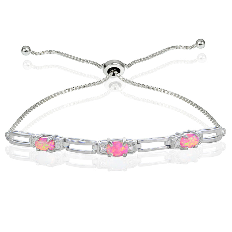 Sterling Silver Created Pink Opal and Cubic Zirconia Link Adjustable Bracelet
