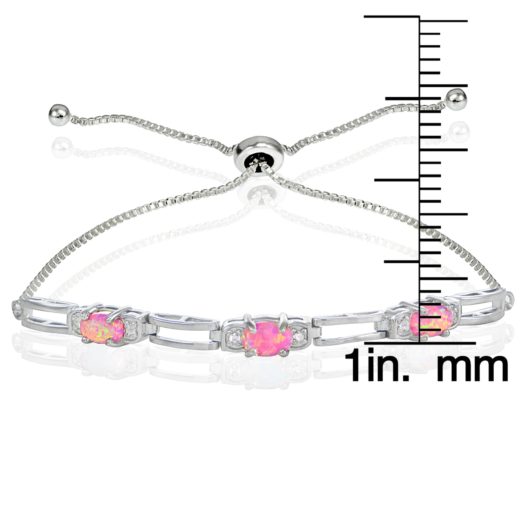 Sterling Silver Created Pink Opal and Cubic Zirconia Link Adjustable Bracelet-3