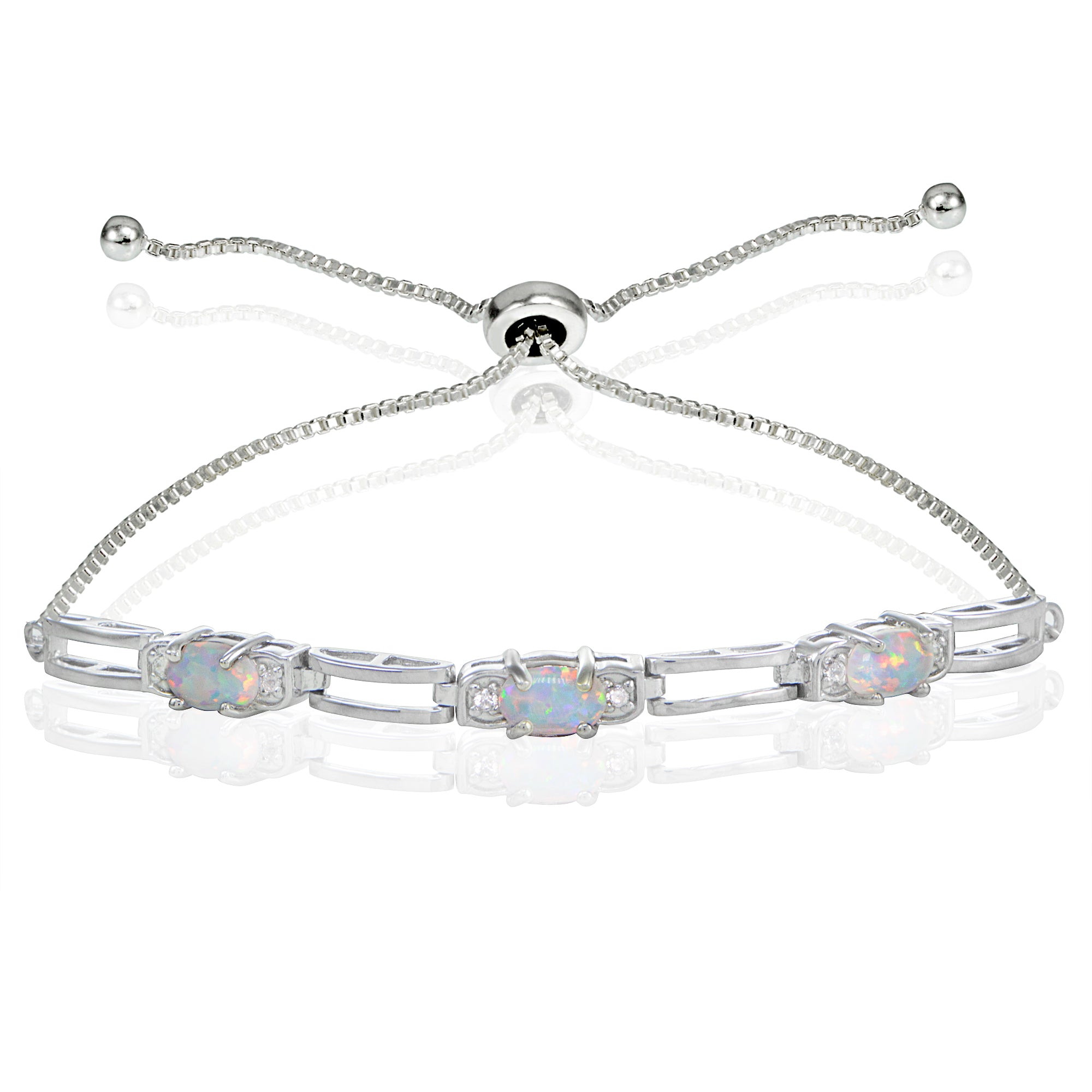 Sterling Silver Created Opal and Cubic Zirconia Link Adjustable Bracelet