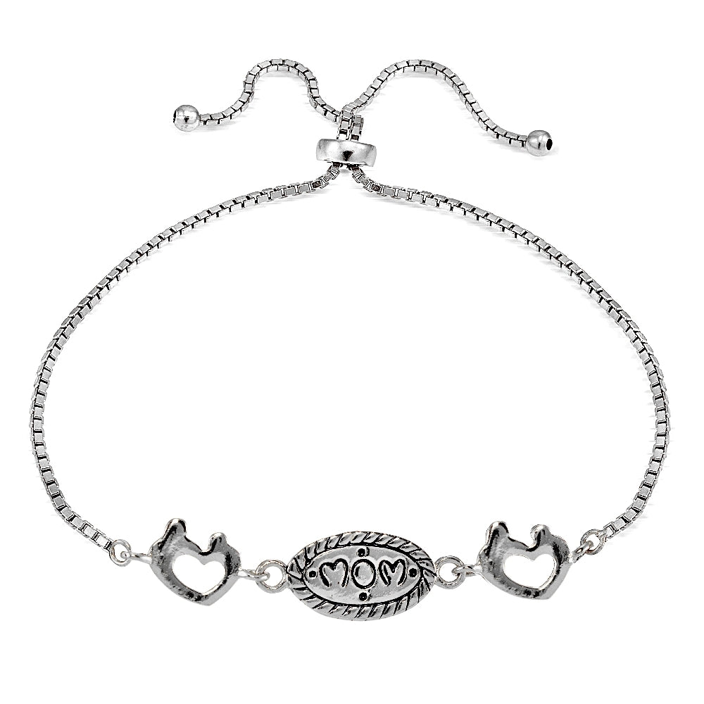 Sterling Silver MOM Mother and Daughter Heart Polished Adjustable Bracelet