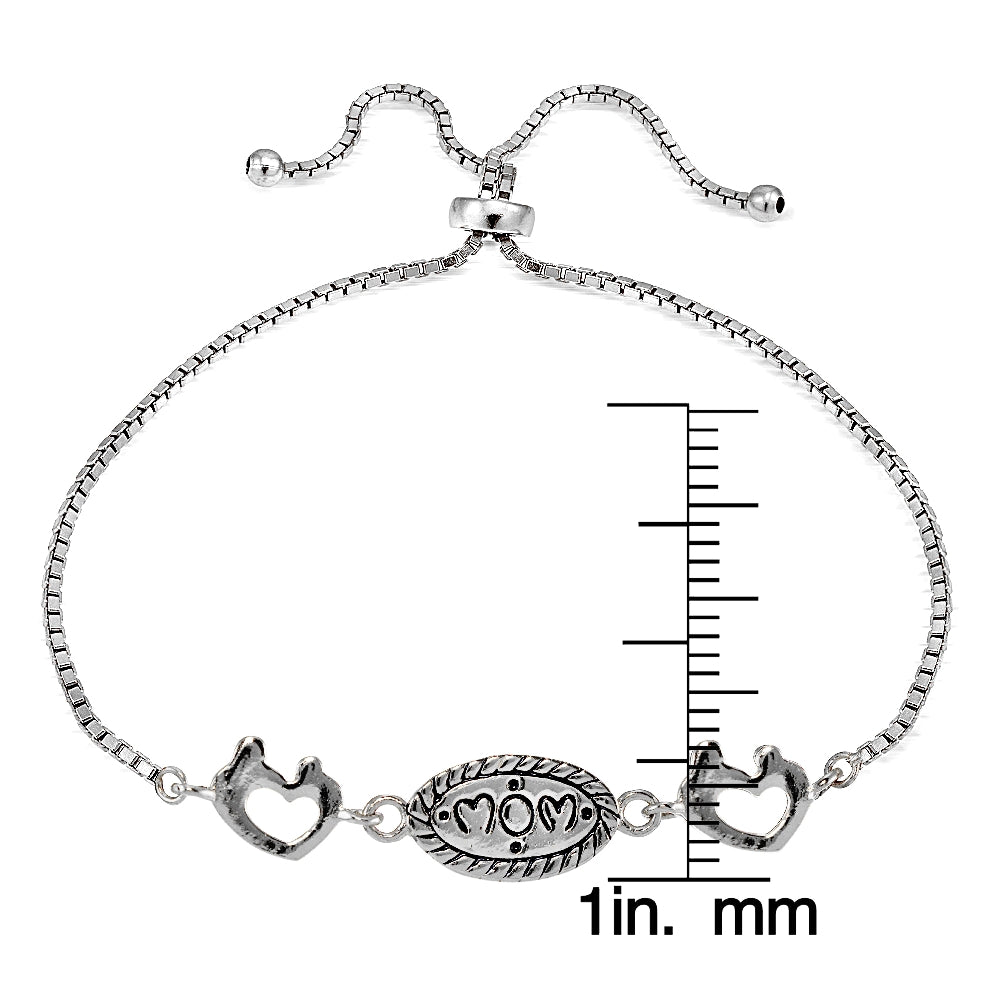 Sterling Silver MOM Mother and Daughter Heart Polished Adjustable Bracelet-3