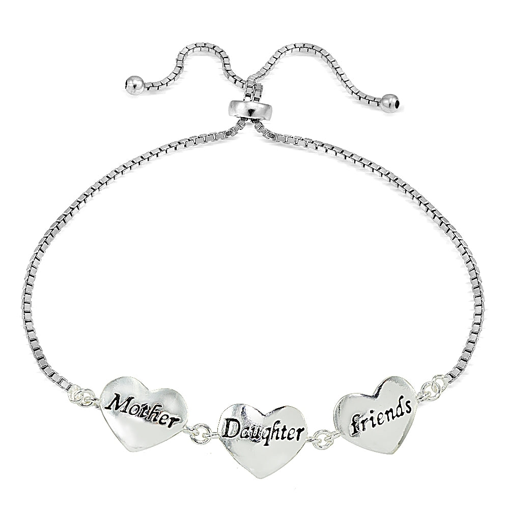 Sterling Silver MOM DAUGHTER FRIENDS Polished Heart Adjustable Bracelet