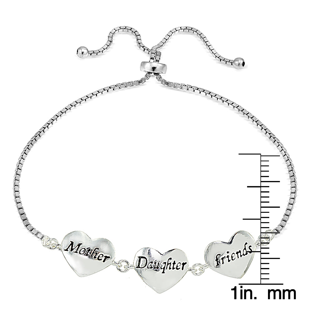 Sterling Silver MOM DAUGHTER FRIENDS Heart Adjustable Bolo Bracelet-4