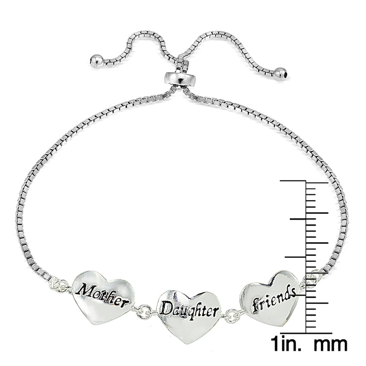 Sterling Silver MOM DAUGHTER FRIENDS Polished Heart Adjustable Bracelet