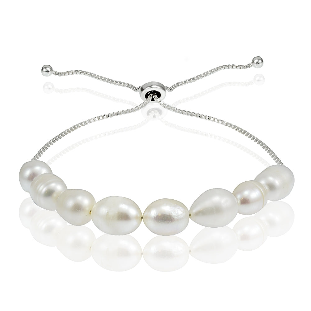 Sterling Silver White Freshwater Cultured Pearl Adjustable Bracelet