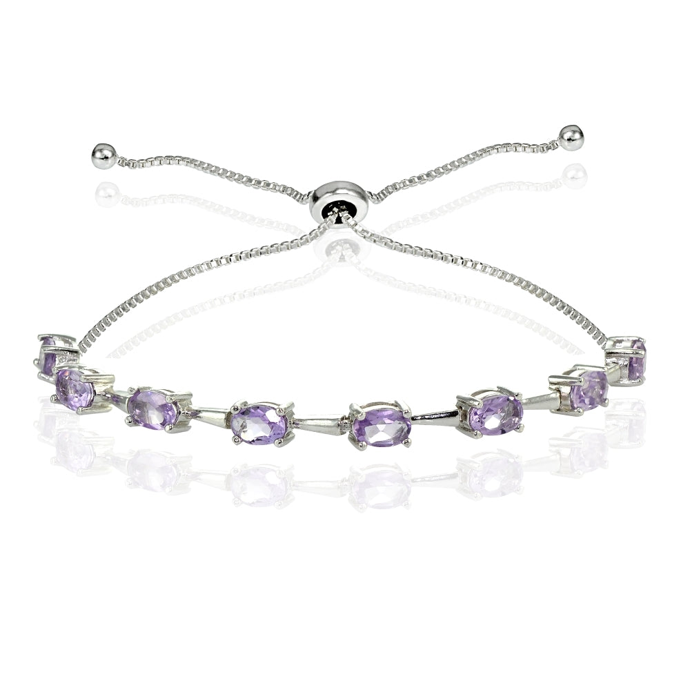 Sterling Silver Amethyst Oval Adjustable Bolo Bracelet