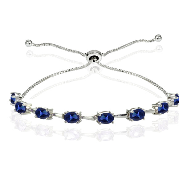 Sterling Silver Created Blue Sapphire Oval Adjustable Bolo Bracelet