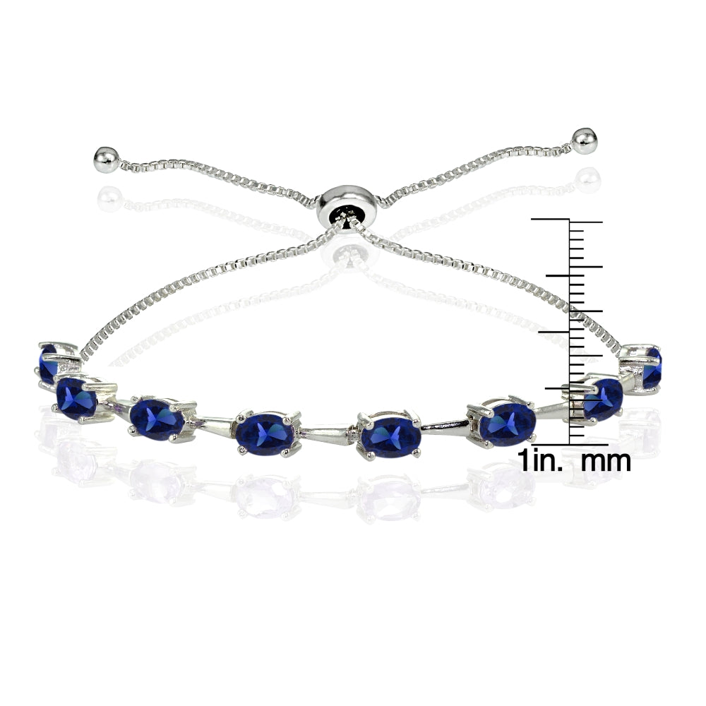 Sterling Silver Created Blue Sapphire Oval Adjustable Bolo Bracelet-3