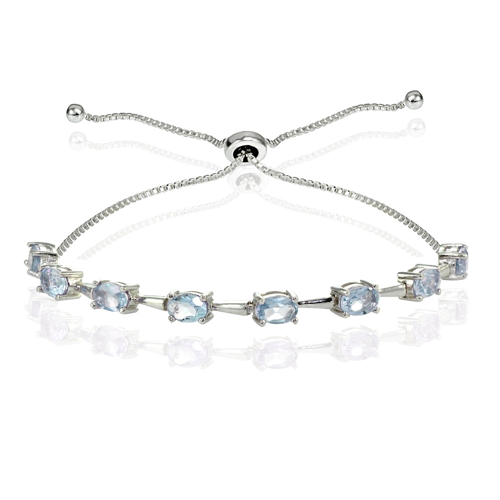 Sterling Silver Blue Topaz Oval Adjustable Bolo Bracelet