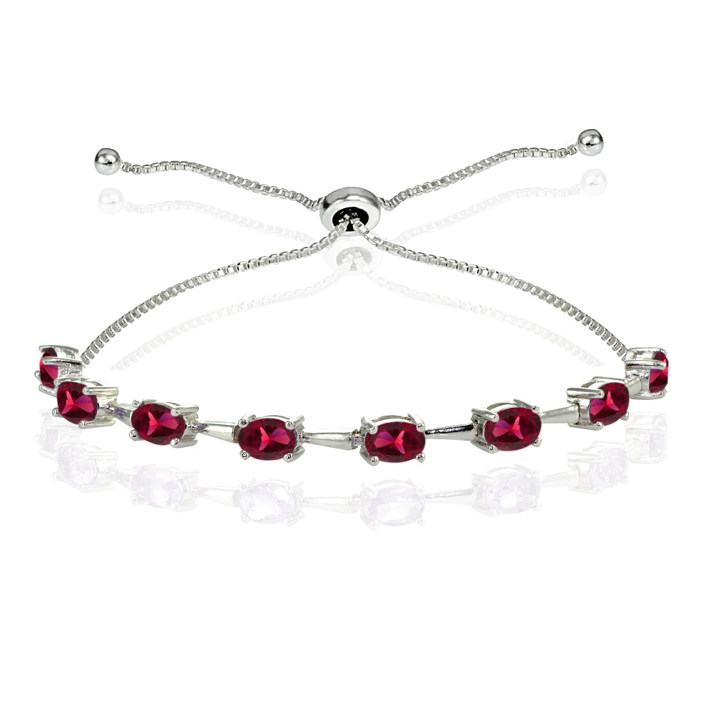 Sterling Silver Created Ruby Oval Adjustable Bolo Bracelet