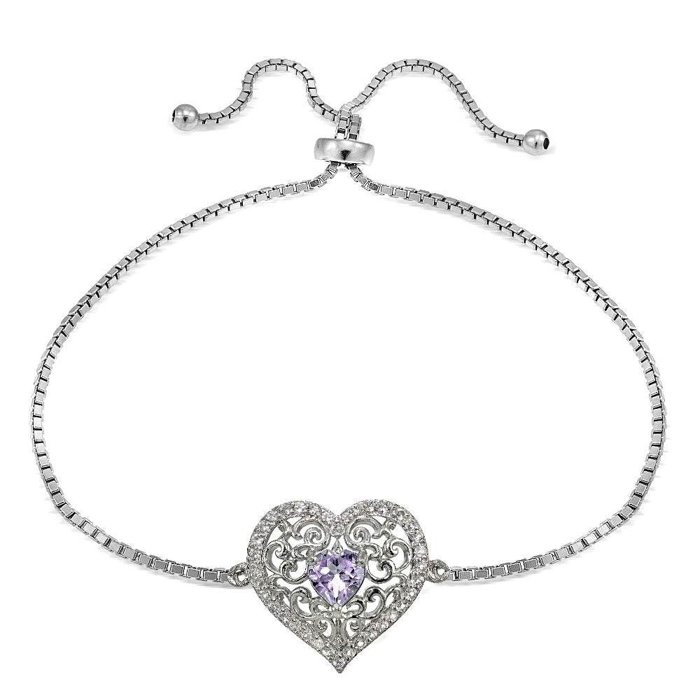 Sterling Silver Amethyst and White Topaz Filigree Heart Adjustable Bracelet