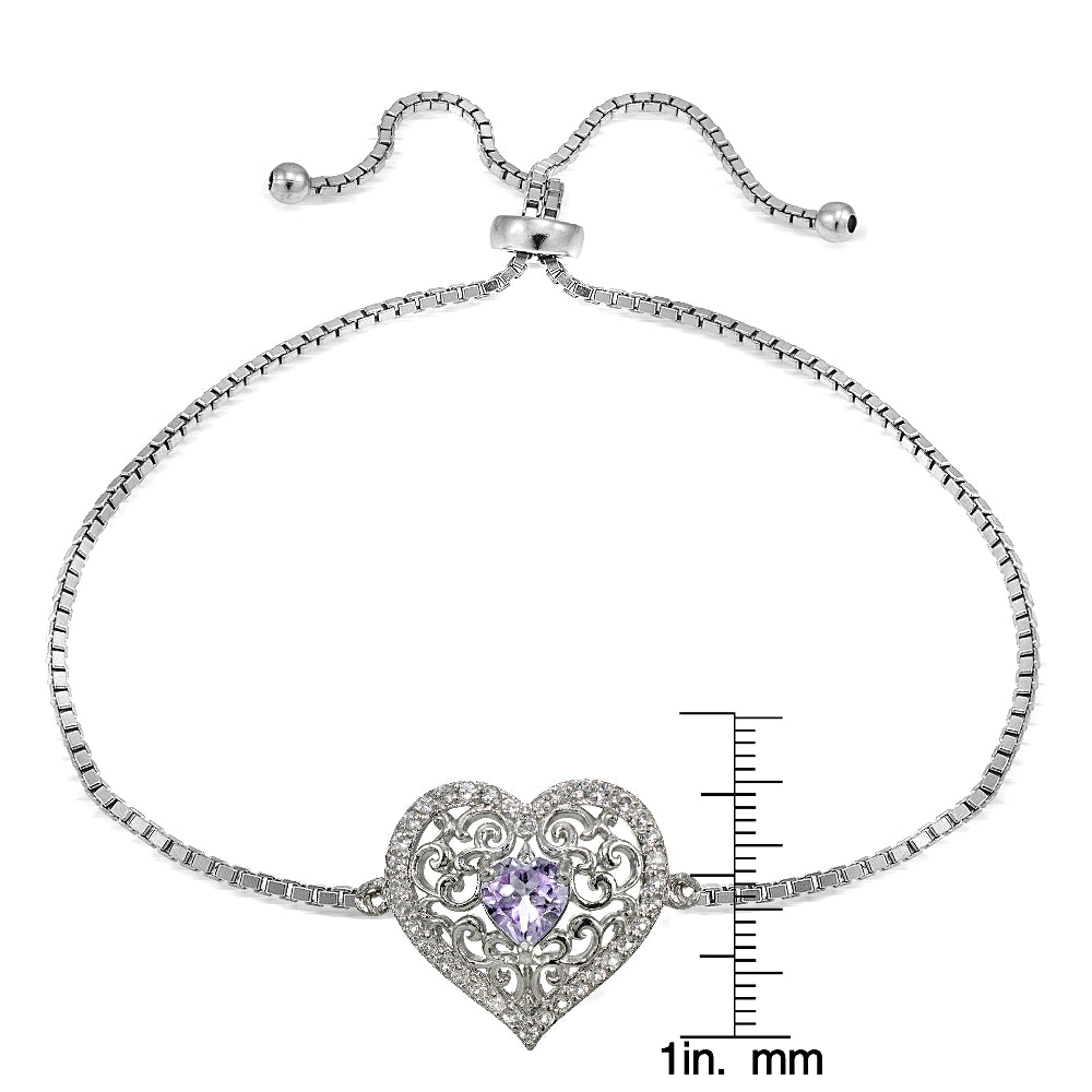 Sterling Silver Amethyst and White Topaz Filigree Heart Adjustable Bracelet-3