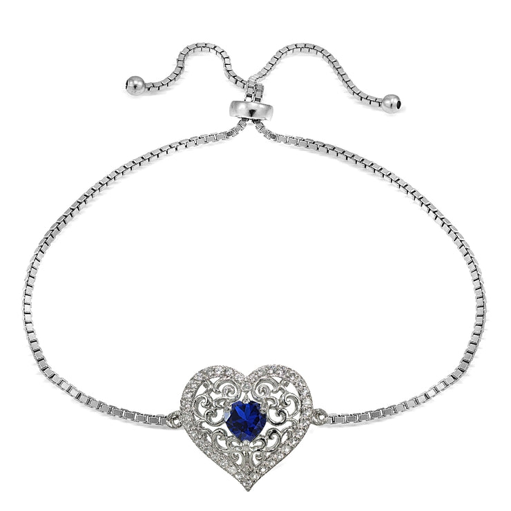 Sterling Silver Created Blue Sapphire and White Topaz Filigree Heart Adjustable Bracelet