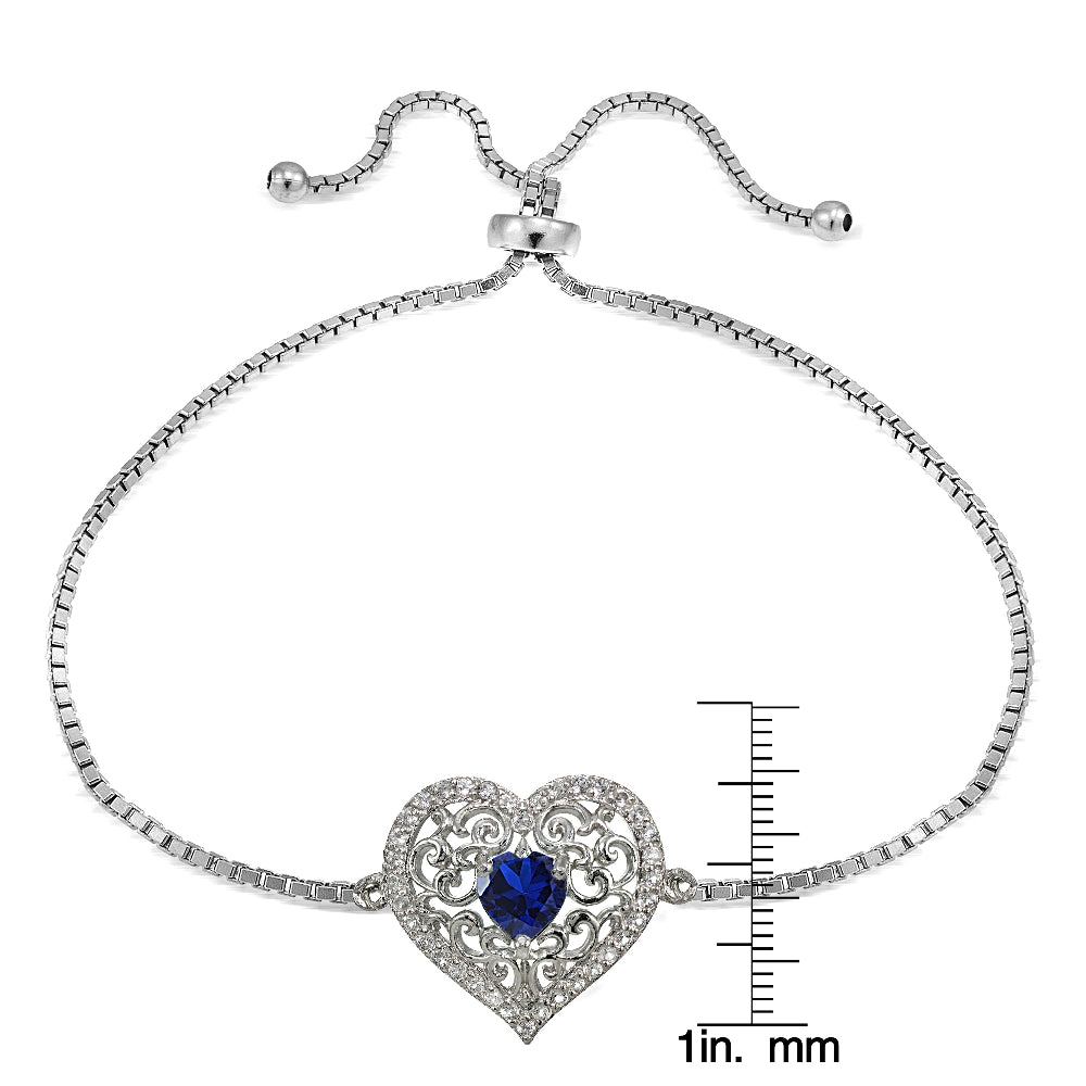 Sterling Silver Created Blue Sapphire and White Topaz Filigree Heart Adjustable Bracelet-3
