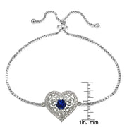 Sterling Silver Created Blue Sapphire and White Topaz Filigree Heart Adjustable Bracelet