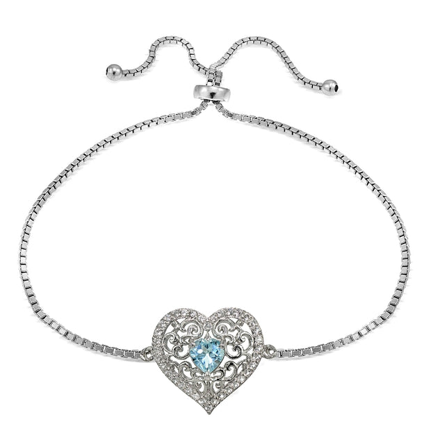 Sterling Silver Blue and White Topaz Filigree Heart Adjustable Bracelet