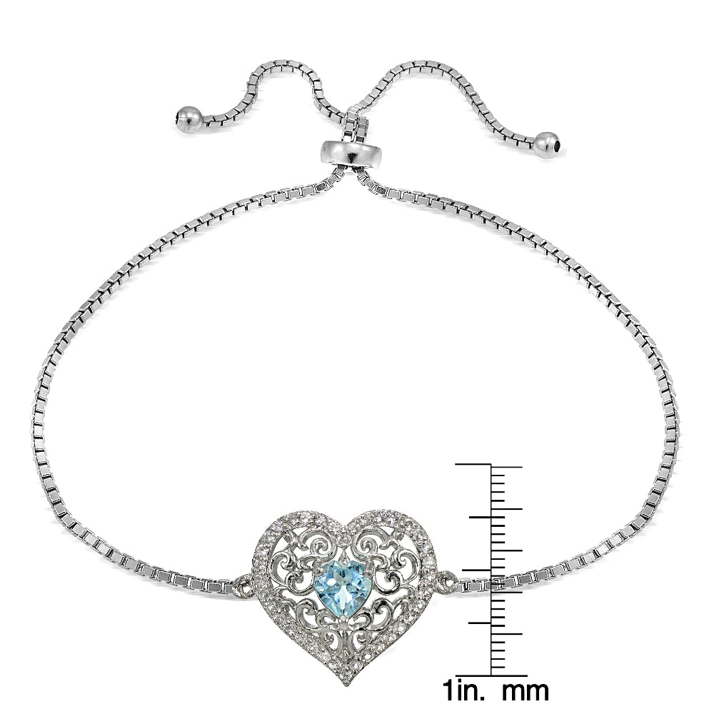 Sterling Silver Blue and White Topaz Filigree Heart Adjustable Bracelet-3