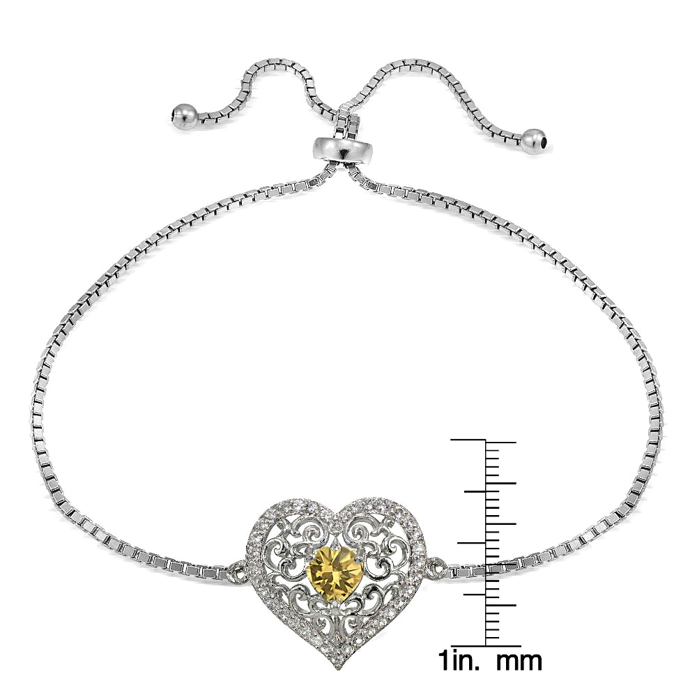 Sterling Silver Citrine and White Topaz Filigree Heart Adjustable Bracelet-3
