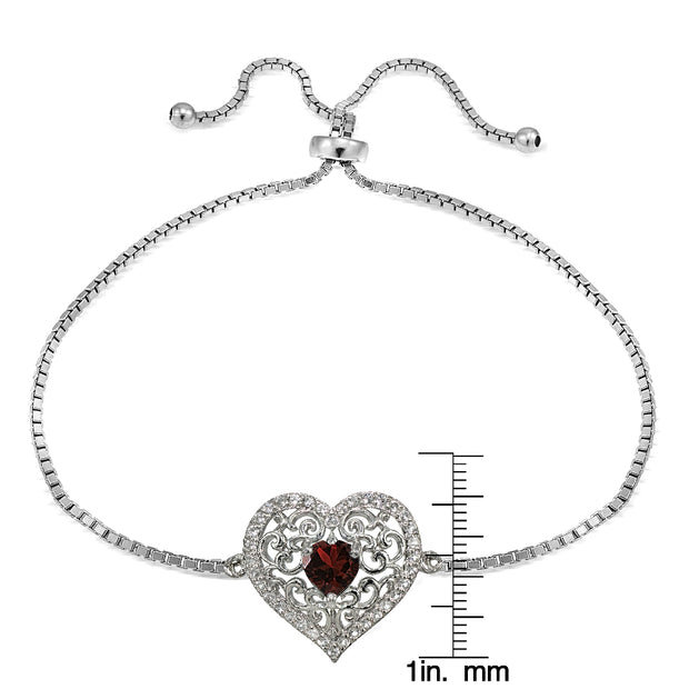 Sterling Silver Garnet and White Topaz Filigree Heart Adjustable Bracelet