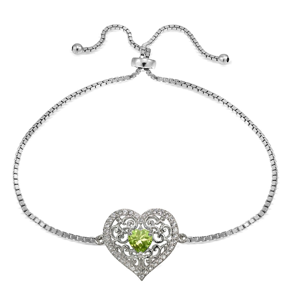 Sterling Silver Peridot and White Topaz Filigree Heart Adjustable Bracelet