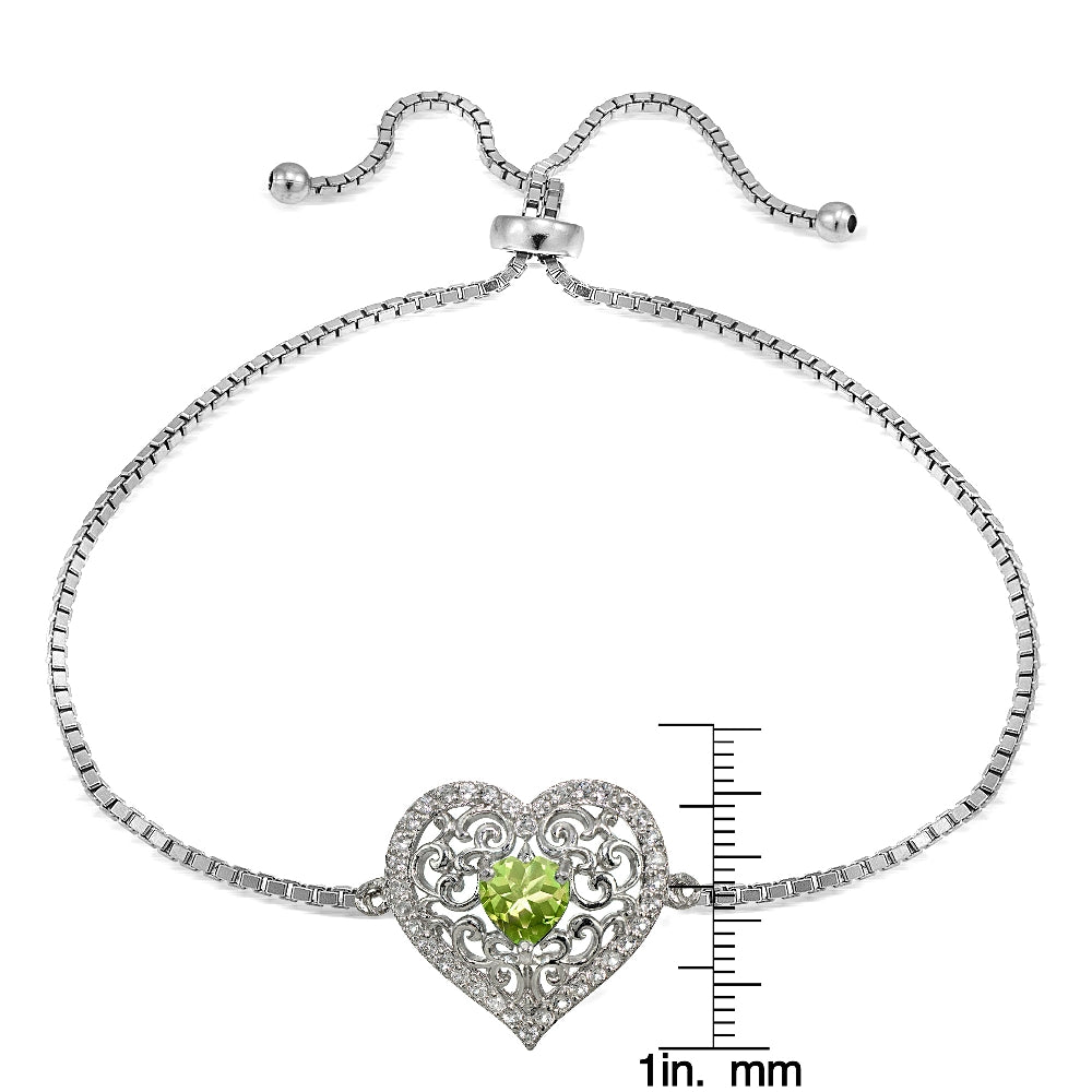 Sterling Silver Peridot and White Topaz Filigree Heart Adjustable Bracelet-3