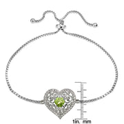 Sterling Silver Peridot and White Topaz Filigree Heart Adjustable Bracelet