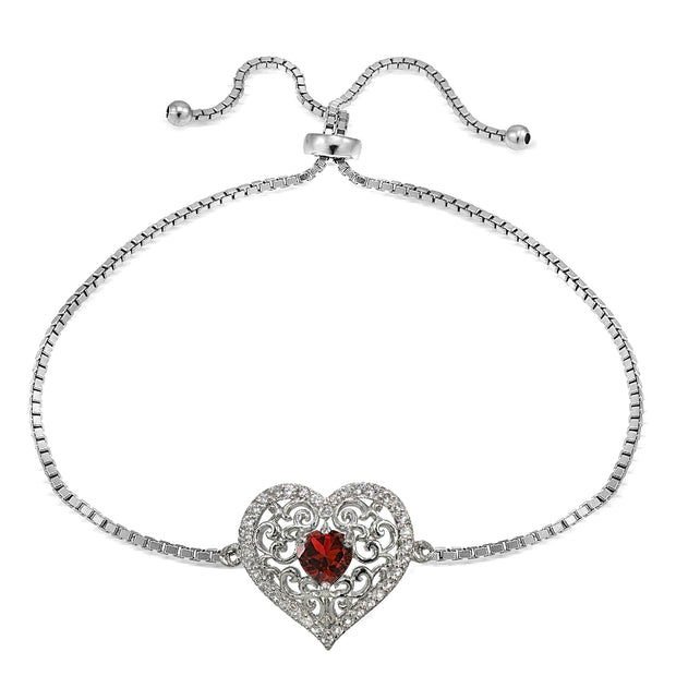 Sterling Silver Created Ruby and White Topaz Filigree Heart Adjustable Bracelet