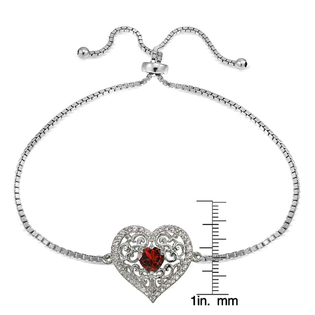 Sterling Silver Created Ruby and White Topaz Filigree Heart Adjustable Bracelet