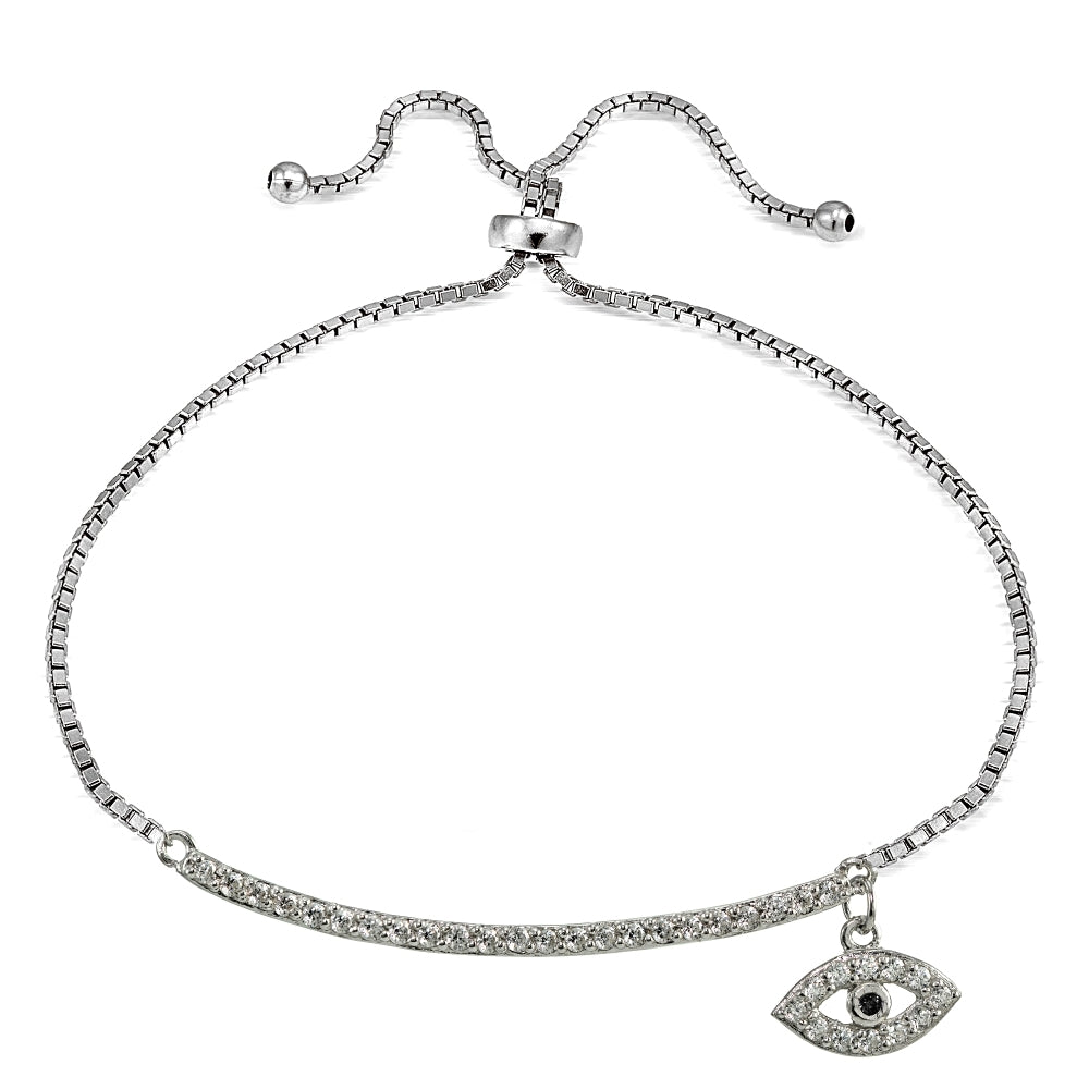 Sterling Silver Blue Cubic Zirconia Dangling Evil Eye Bar Adjustable Bracelet