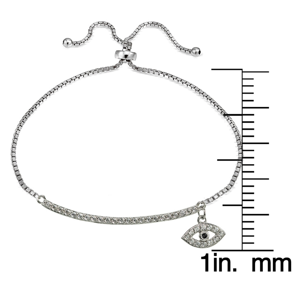 Sterling Silver Blue Cubic Zirconia Dangling Evil Eye Bar Adjustable Bracelet-3