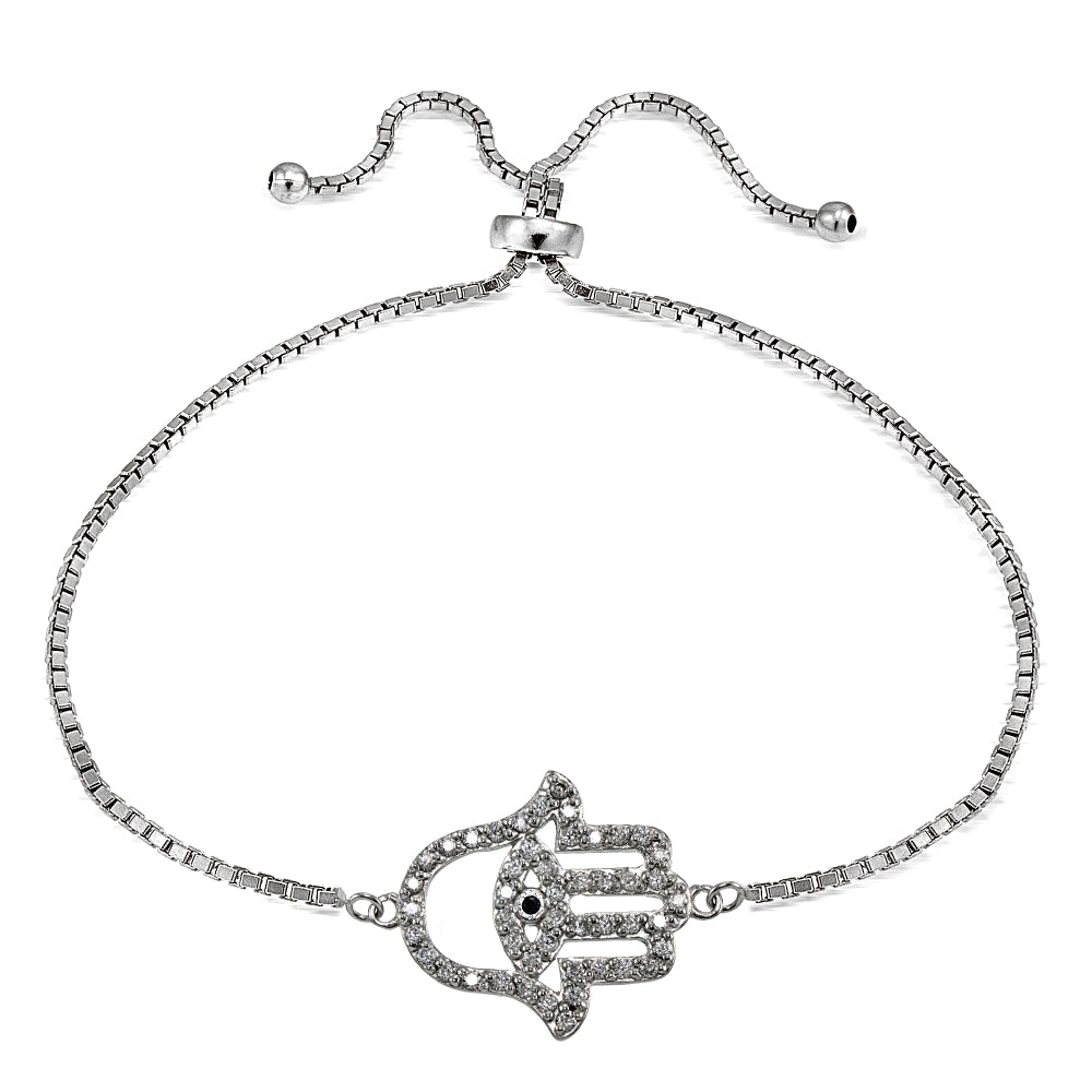 Sterling Silver Black Cubic Zirconia Hamsa Evil Eye Adjustable Slider Bracelet