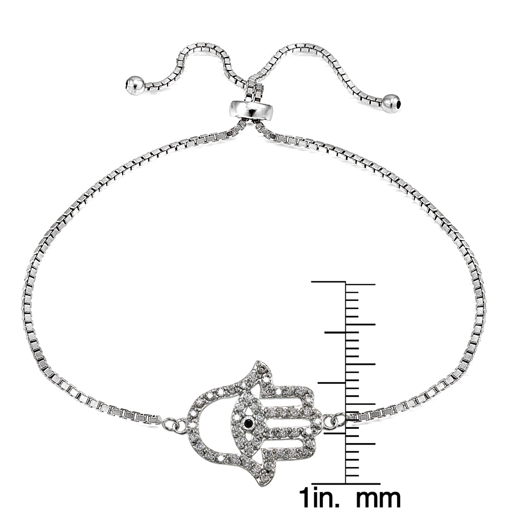 Sterling Silver Black CZ Hamsa Evil Eye Adjustable Slider Bracelet-4