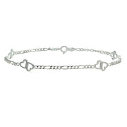 Sterling Silver Figaro Link Chain with Double Hearts Bracelet